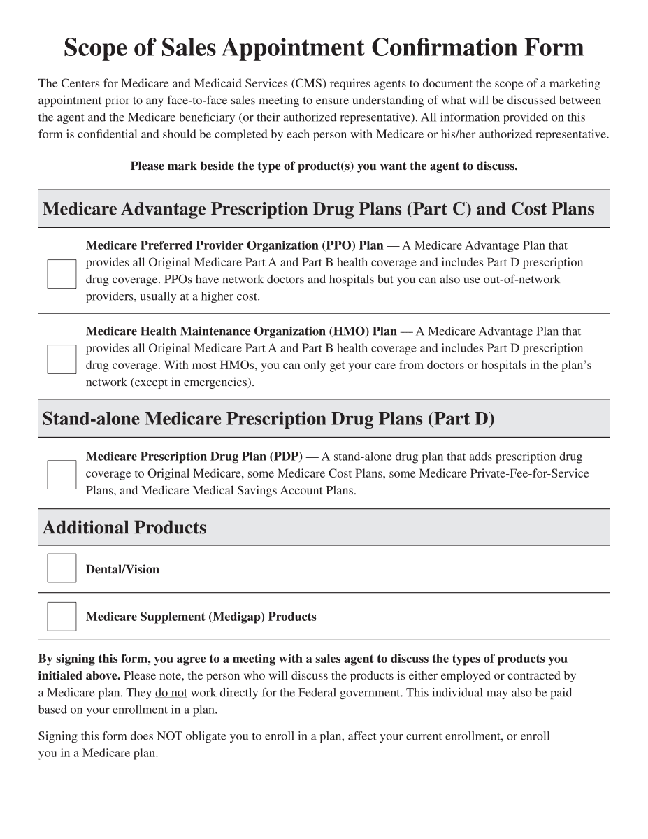 Preview of the CMS Scope of Sales Appointment Confirmation Form offered by Linton Insurance in Lancaster County, PA
