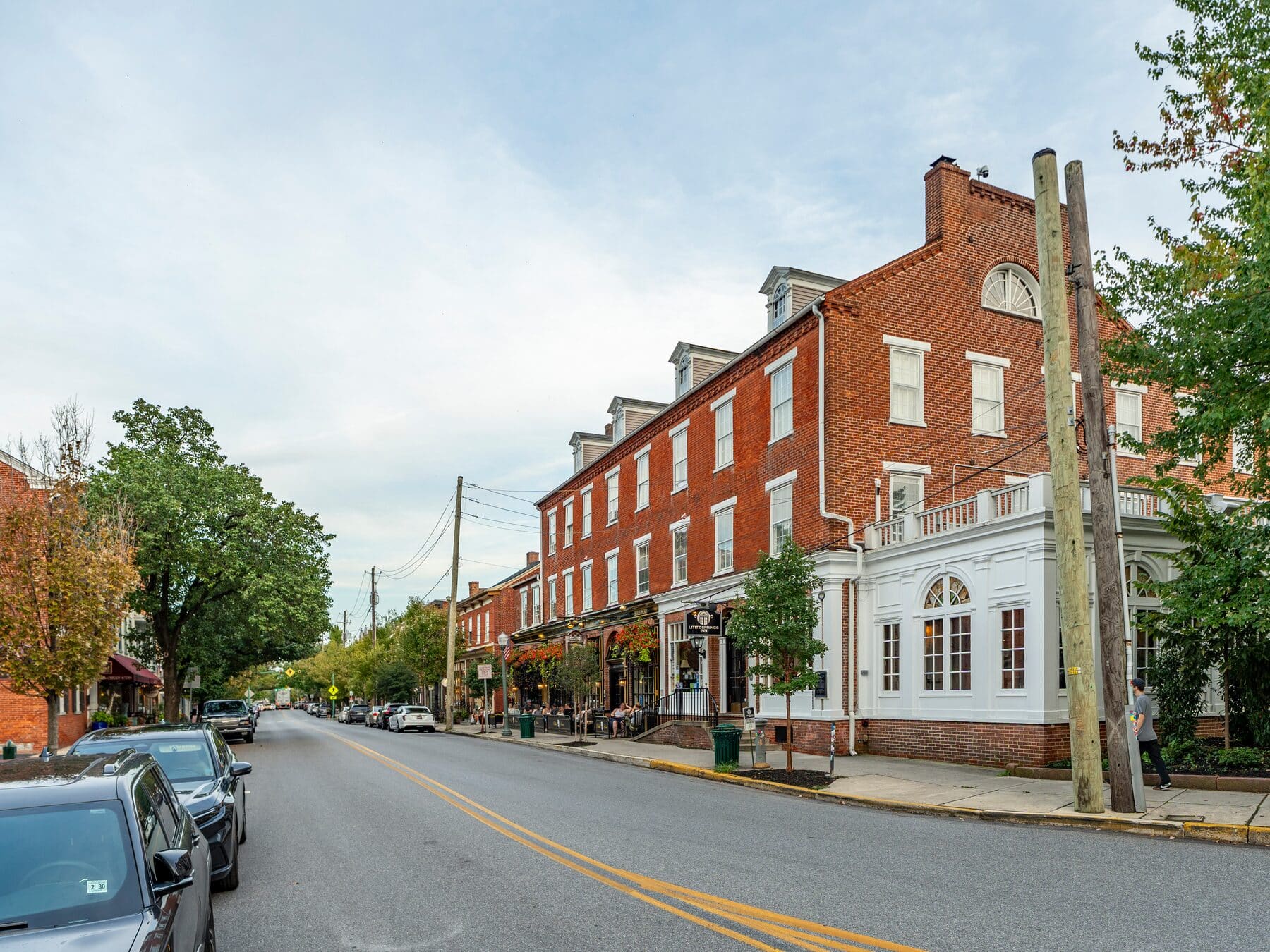 Main Street in downtown Lititz, Pennsylvania, with the Lititz Springs Inn